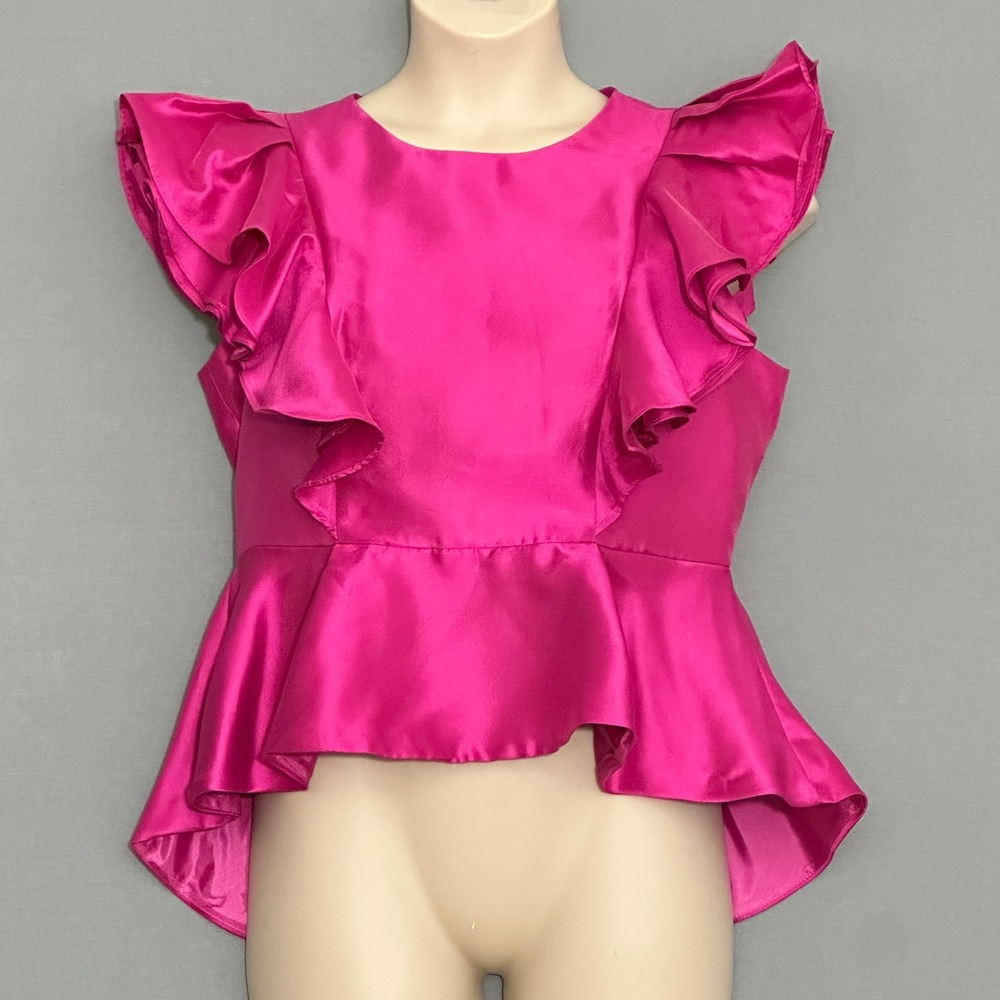 Raquel Womens Top XL Hot Pink Ruffle Peplum Fuchsia High Low Statement Party